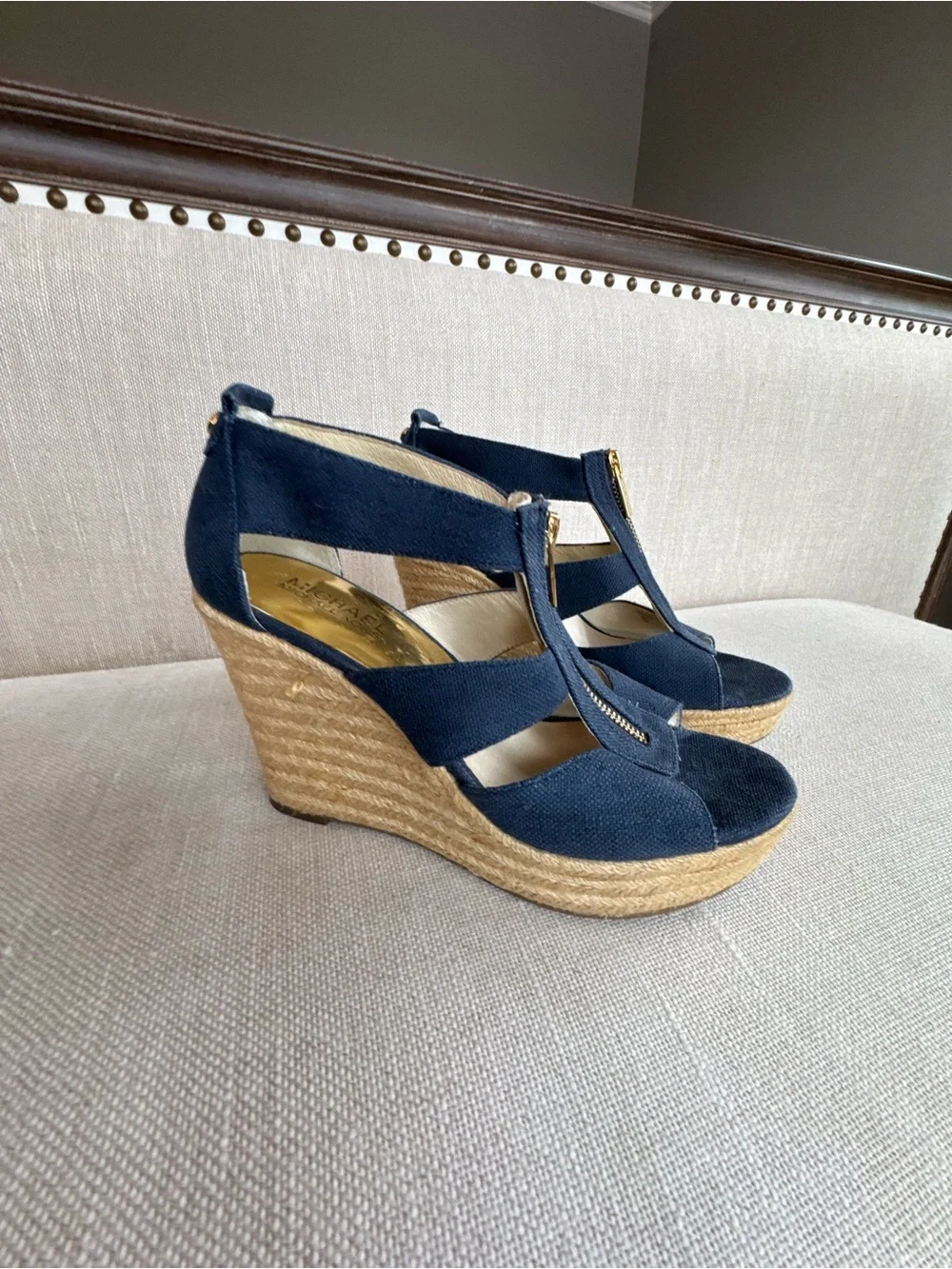 Michael Kors Navy Wedge Espadrille Sandals with Zip Accent